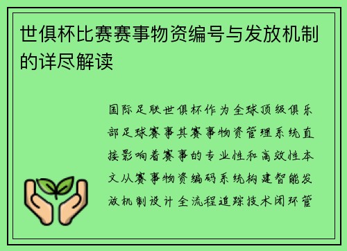 世俱杯比赛赛事物资编号与发放机制的详尽解读